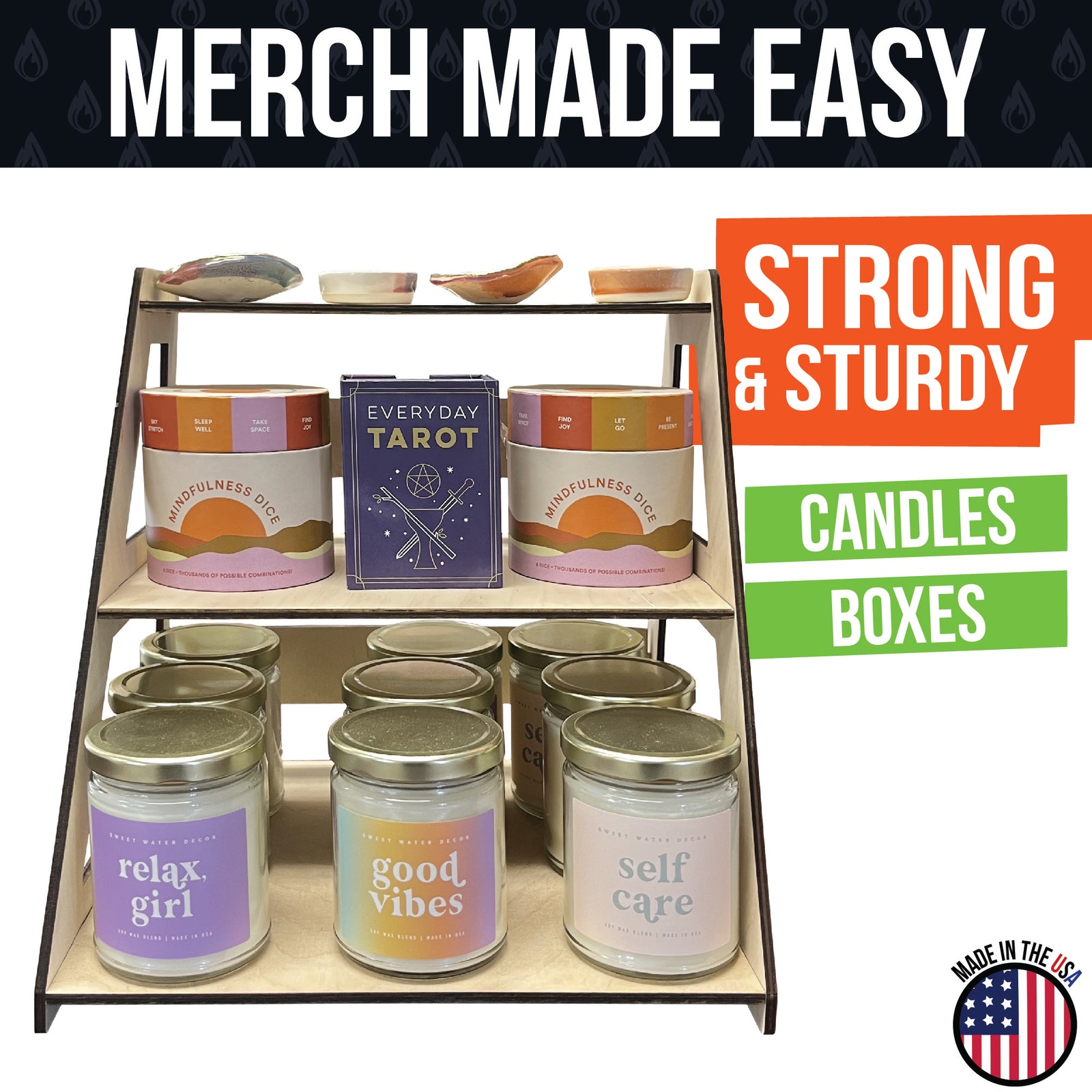 3-Tier Counter Display Stand with Deep Shelves - Great for Candles, Jars and More