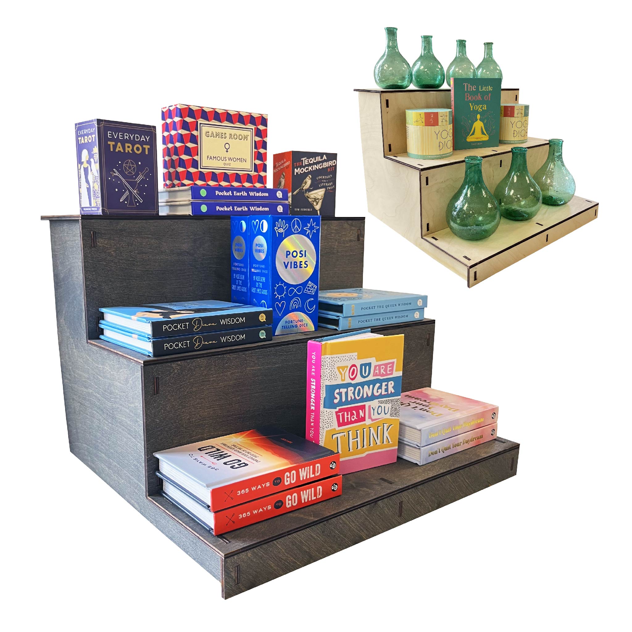 3-Tier Straight Wooden Retail Table Display Stand with Shelves for Products  - Portable | 3 Step Straight Display Rack for Retail Table Top, Counter